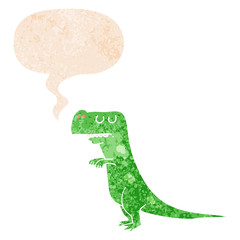 cartoon dinosaur and speech bubble in retro textured style