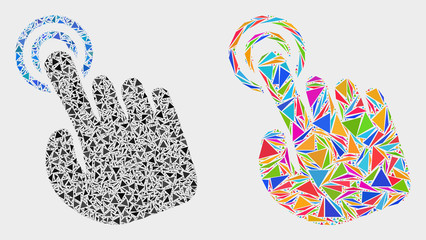 Hand press action mosaic icon of triangle elements which have different sizes and shapes and colors. Geometric abstract vector illustration of hand press action.