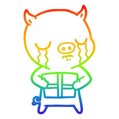 rainbow gradient line drawing cartoon pig crying over christmas present