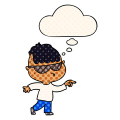 cartoon boy wearing sunglasses pointing and thought bubble in comic book style
