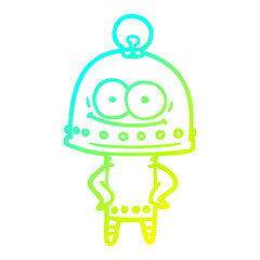 cold gradient line drawing happy carton robot with light bulb