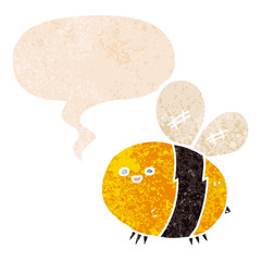cartoon bee and speech bubble in retro textured style