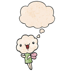 cute cartoon cloud head creature and thought bubble in grunge texture pattern style