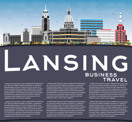 Naklejka premium Lansing Michigan City Skyline with Color Buildings, Blue Sky and Copy Space.