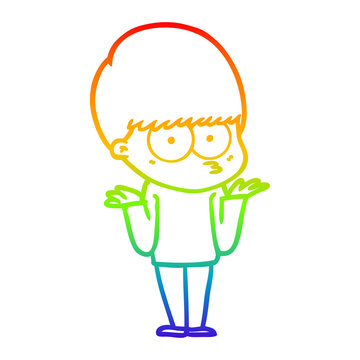 recommend clip art: rainbow gradient line drawing confused cartoon boy shrugging shoulders