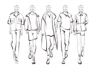 Fototapeta na wymiar Stylish handsome mans in fashion clothes. Hand drawn beautiful young mens. Stylish mens set. Fashion mens sketch. Fashion men model.