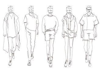 Fototapeta na wymiar Stylish handsome mans in fashion clothes. Hand drawn beautiful young mens. Stylish mens. Fashion mens sketch. Fashion men model.