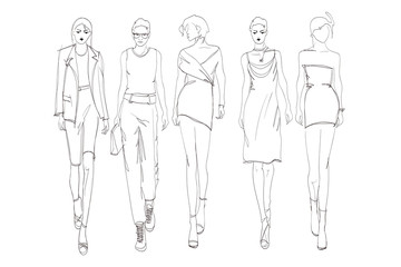 Fototapeta na wymiar Beautiful young womens. Hand drawn fashion girls. Fashion model posing. Sketch. Vector illustration set.