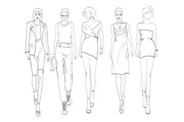 Beautiful young womens. Hand drawn fashion girls. Fashion model posing. Sketch. Vector illustration set.