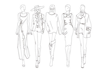 Beautiful young womens. Hand drawn fashion girls. Fashion model posing. Sketch. Vector illustration set.