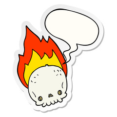 spooky cartoon flaming skull and speech bubble sticker