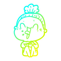 cold gradient line drawing cartoon happy old woman