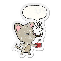 cartoon serious business cat and coffee and cigar and speech bubble distressed sticker