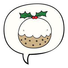 cartoon christmas pudding and speech bubble