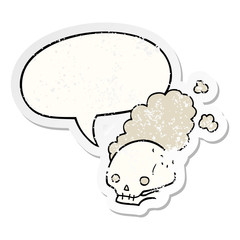 cartoon dusty old skull and speech bubble distressed sticker