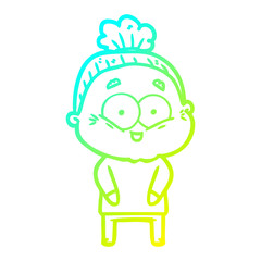 cold gradient line drawing cartoon happy old woman