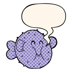 cartoon puffer fish and speech bubble in comic book style