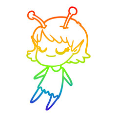 rainbow gradient line drawing smiling alien girl cartoon floating