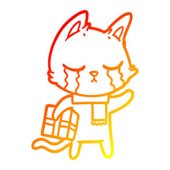 warm gradient line drawing crying cartoon cat holding christmas present