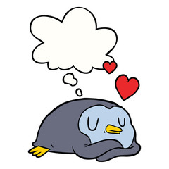 cartoon penguin in love and thought bubble