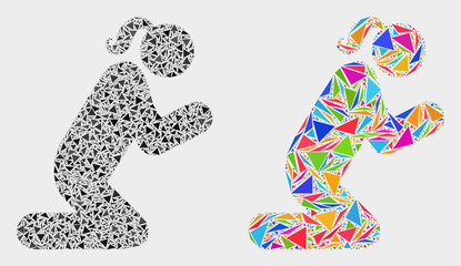 Fototapeta premium Pray woman person mosaic icon of triangle elements which have variable sizes and shapes and colors. Geometric abstract vector design concept of pray woman person.