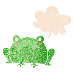 cartoon frog and speech bubble in retro textured style