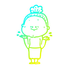 cold gradient line drawing cartoon happy old woman