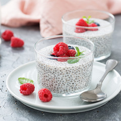 Healthy vanilla chia pudding in a glass with fresh raspberries .
