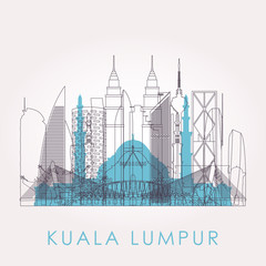 Obraz premium Nakreśl panoramę Kuala Lumpur z punktami orientacyjnymi. Ilustracji wektorowych. Podróże służbowe i koncepcja turystyki z zabytkowymi budynkami. Obraz do prezentacji, baneru, afisz i strony internetowej.
