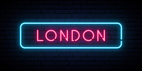 Obraz premium London neon sign. Bright light signboard. Vector banner.