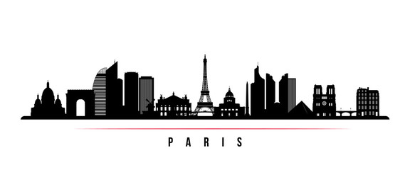 Paris city skyline horizontal banner. Black and white silhouette of Paris city, France. Vector template for your design.