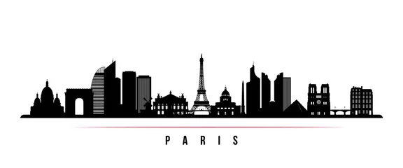 Selbstklebende Fototapeten Paris city skyline horizontal banner. Black and white silhouette of Paris city, France. Vector template for your design. © greens87