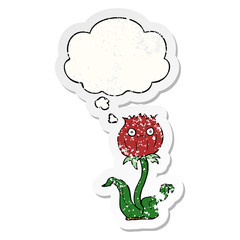 cartoon thistle and thought bubble as a distressed worn sticker