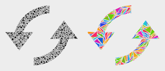Refresh arrows collage icon of triangle items which have various sizes and shapes and colors. Geometric abstract vector illustration of refresh arrows.