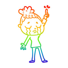rainbow gradient line drawing cartoon crying woman raising hand