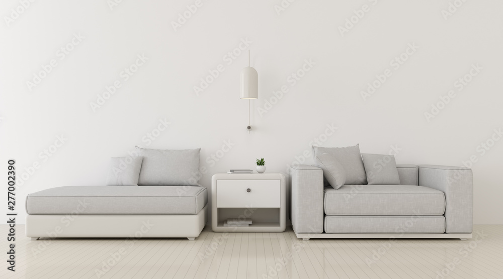 Poster View of living room in minimal style with sofa and small side table on wood laminate floor.Perspective of interior design. 3d rendering.	