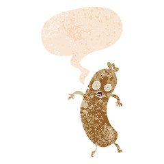 cartoon sausage and speech bubble in retro textured style