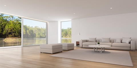 Fototapeta na wymiar Perspective of modern luxury living room with white sofa and on lake view background,Idea of family vacation - warm timber interior design,Architecture Idea of large windows house - 3D rendering.