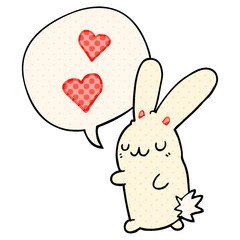 cartoon rabbit in love and speech bubble in comic book style
