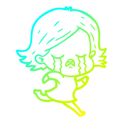 cold gradient line drawing cartoon girl crying whilst running