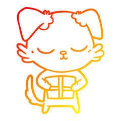 warm gradient line drawing cute cartoon dog with christmas present