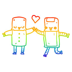 rainbow gradient line drawing cartoon robots in love