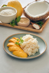 mango with sticky rice - popular traditional dessert of Thailand