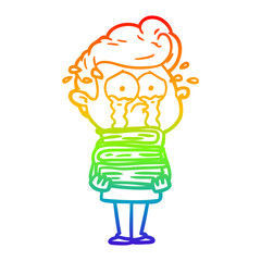 rainbow gradient line drawing cartoon crying student with stack of books