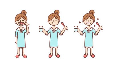 Cute bun hair little girl with pastel blue pajamas & pink red slipper happy cleaning her teeth with toothbrush and water. After she brushed the teeth, she's bright smile. Student will love her vector.