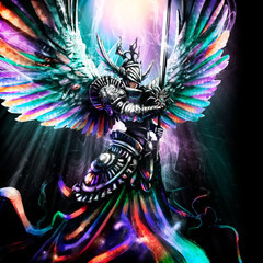 Beautiful rainbow angel in armor and with a sword, hovers in the divine light
