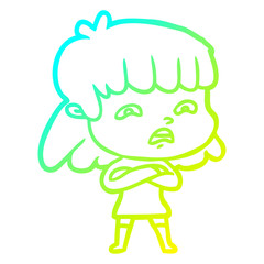 cold gradient line drawing cartoon worried woman