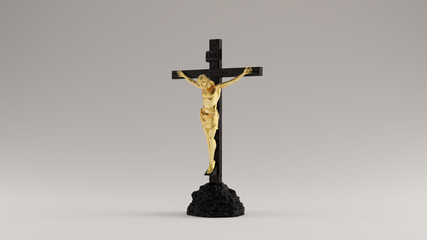 Black Cross and Gold Jesus Christ with a Crown of Thorns Jesus of Nazareth King of the Jews Statue 3d illustration 3d render