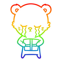 rainbow gradient line drawing crying cartoon bear with present