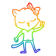 rainbow gradient line drawing cartoon cat with bow on head giving peace sign